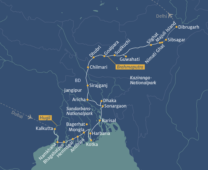 Routenplan, Kalkutta-Nimati Ghat